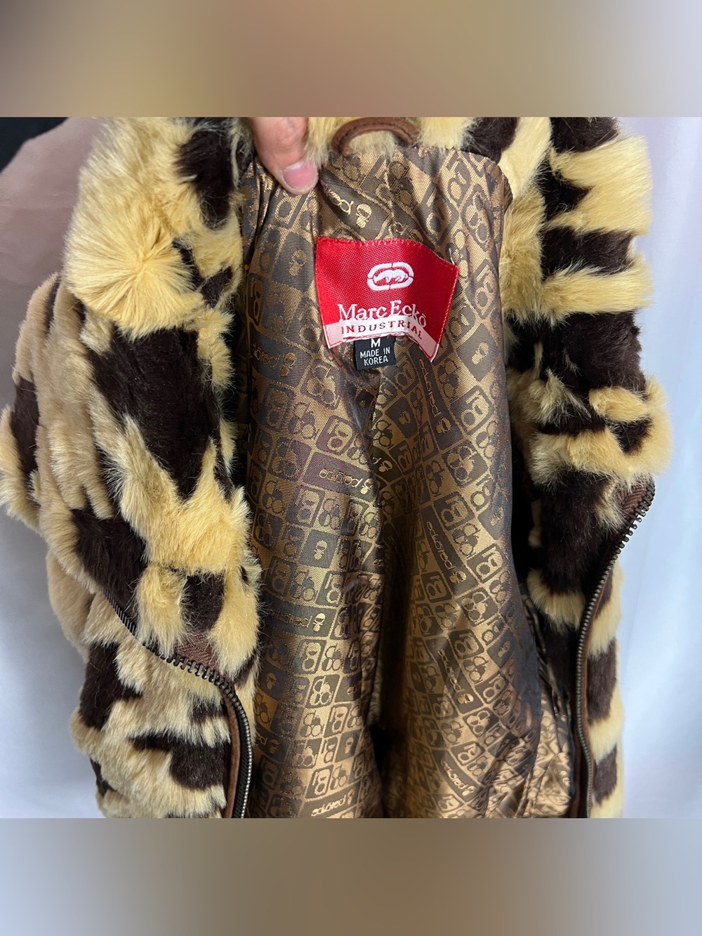 Rare Vintage 90s Brown & Cream Houndstooth Faux Fur & Suede Coat - Picture 8 of 9